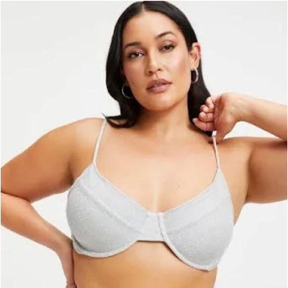 Good American Sparkle Demi Cup Bikini Top Underwire Silver Women's Medium Beach - Picture 1 of 9